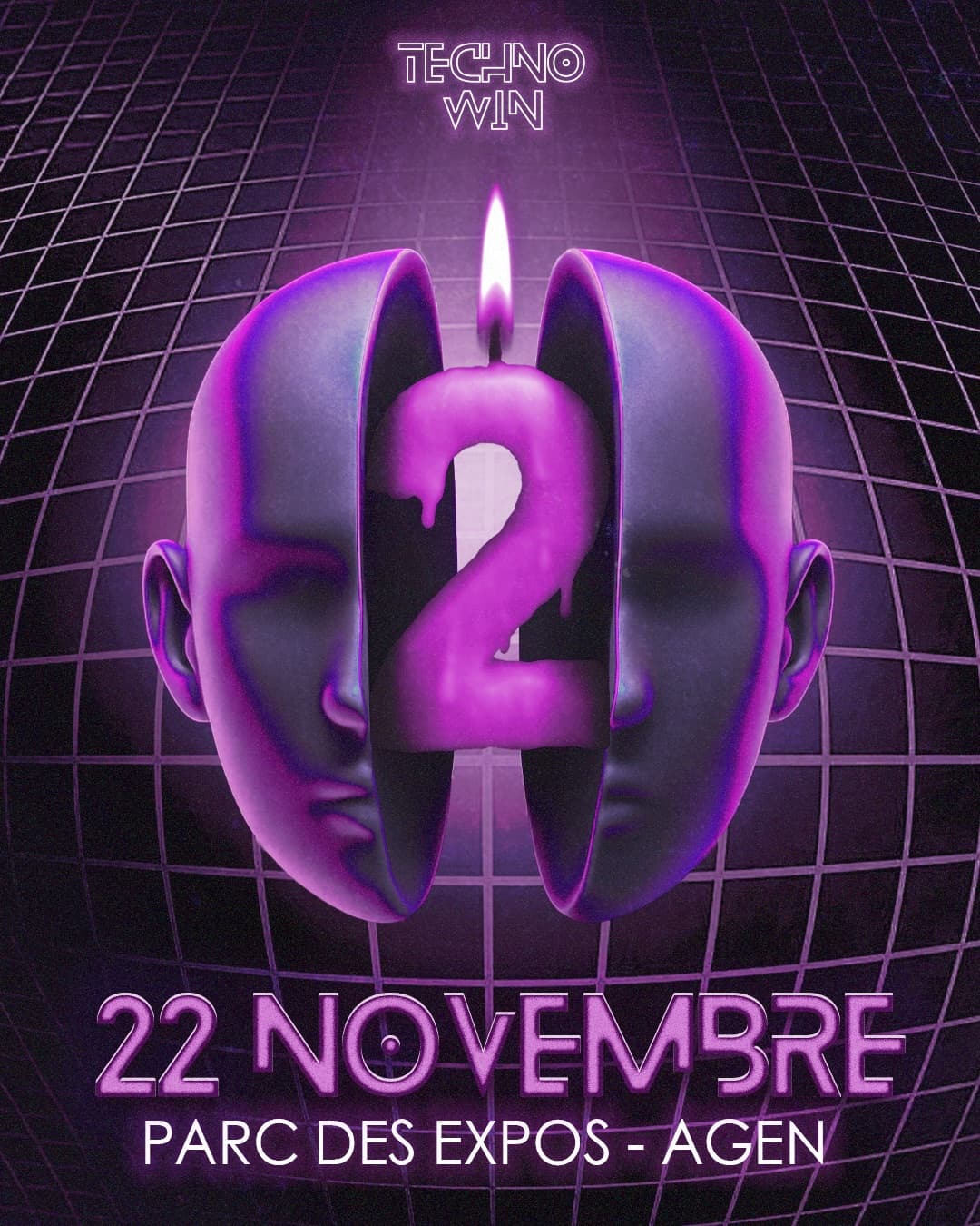Affiche des 2 ans de Techno Win : un buste ouvert en deux révélant une bougie en forme de chiffre 2, dans des violets et magentas saturés.