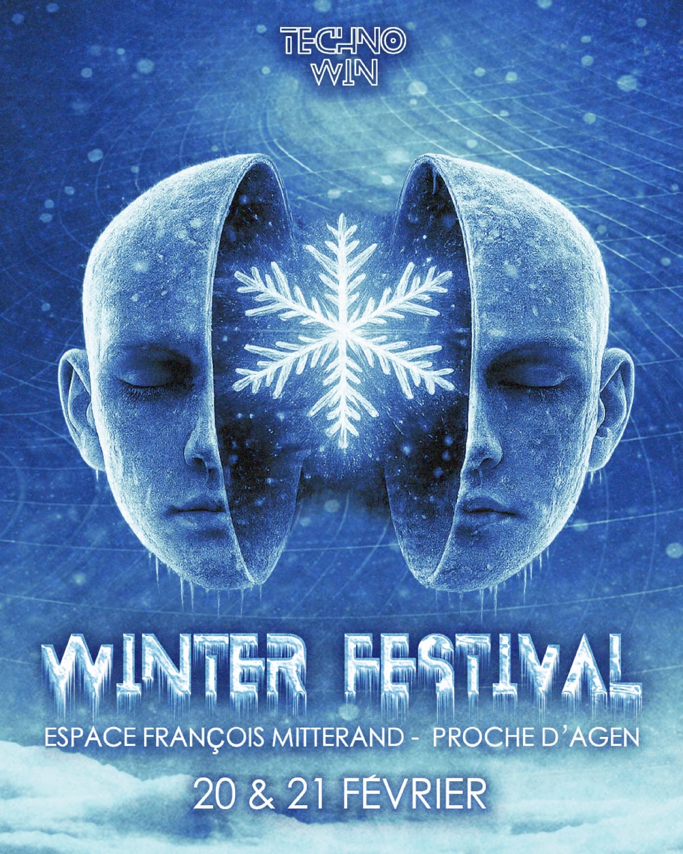 Affiche du Winter Festival de Techno Win : deux bustes glacés se faisant face, révélant un flocon de neige, dans des bleus et des cyans.